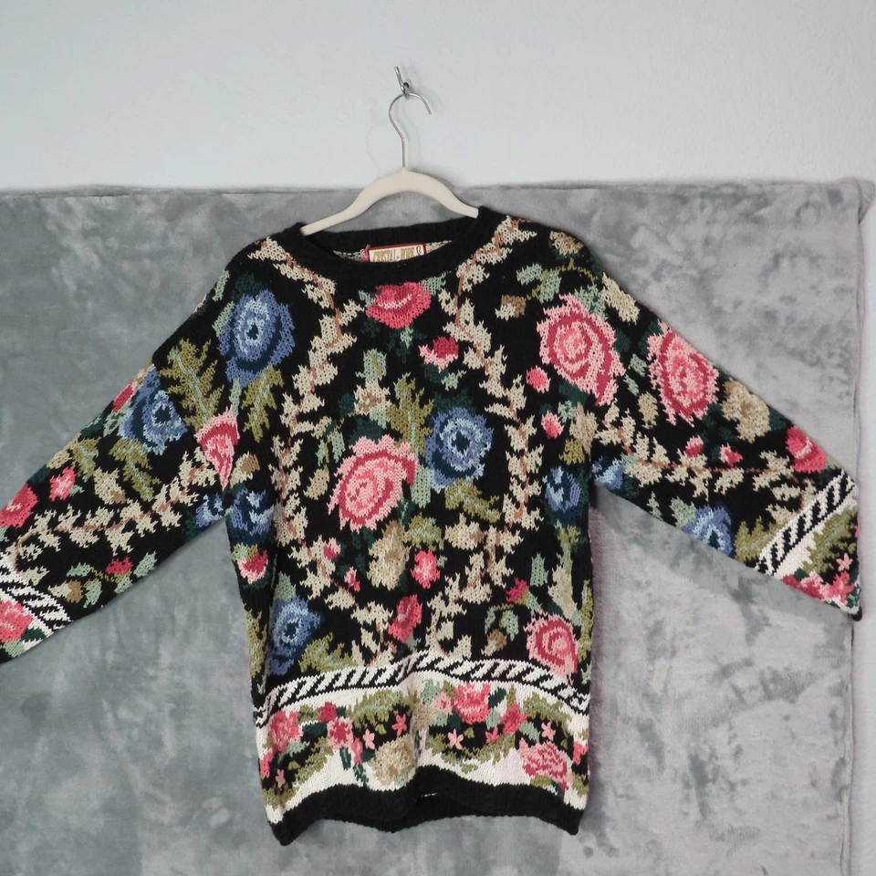 Suéter Vintage Crystal-Kobe Mujer Grande Negro Floral Ramie Algodón Cabaña Años 90 Foto 1 de 4