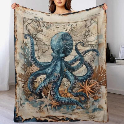 Nautical Octopus Blanket Marine Ocean Throw Blanket Lightweight Soft Warm Coz... - Image 1 of 4