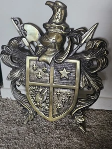 Gold Shield Medieval Wall Decor with Fleur de Lis, Eagle, Knight. Coat of Arms - Picture 1 of 9