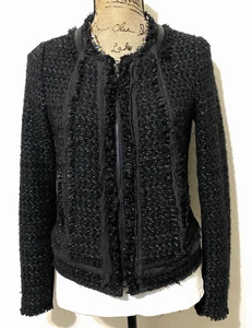 Chaqueta de tweed para mujer REBECCA TAYLOR negra con ribete de cuero de cordero mezcla de algodón - Imagen 1 de 19