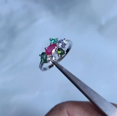 Anello in argento con pietre preziose multicolore, gioielli fatti a mano in... - Immagine 1 di 4