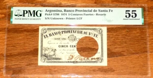 ARGENTINA PROVINCIAL DE SANTA FE banconota 5 centavos 1874 PMG 55 banconota certificata - Foto 1 di 4