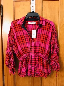 Free People Pacific Dawn long sleeve red combo plaid shirt NWT size XS $118.00 - Picture 1 of 7