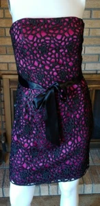 Adrianna Papell Boutique Strapless Fushia Satin Black Crochet Overlay Dress Sz 6 - Picture 1 of 12