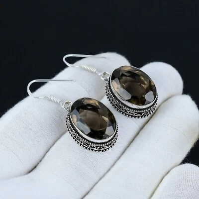 Fumoso Topazio Gemma Fatto a Mano 925 Sterling Orecchini Argento Per Women, Lei - Immagine 1 di 4