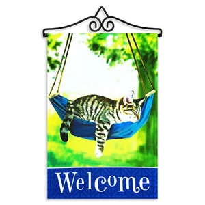 Garden Flag Welcome Sleeping Kitten 12x18IN & Hanger 14IN Printed Poly - Picture 1 of 9