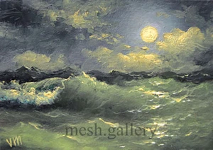 369 - 5x7 CANVAS GICLEE ART PRINT MESH SEASCAPE MOON Night Wave Storm Ocean Surf - Picture 1 of 1