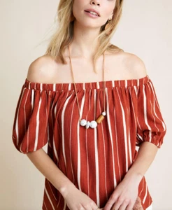 Anthropologie Elodie Top Womens Medium M Terra Cota Striped Off Shoulder Blouse - Picture 1 of 12