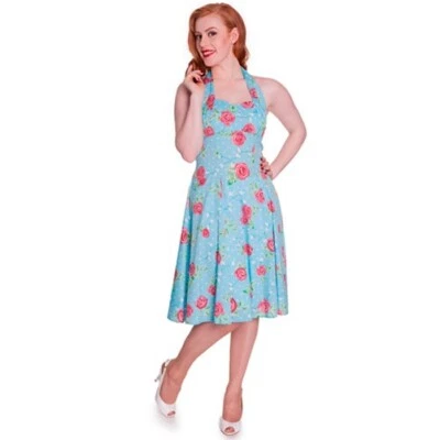 Hell Bunny Blue Pink Rose Floral Halter Dress Sharon Sundress Size M - Hey Viv - Image 1 of 4