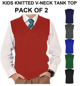 2 Pack Girls Boys Knitted V Neck Tank Top School Sleeveless Jumper Uniform - Picture 1 of 6