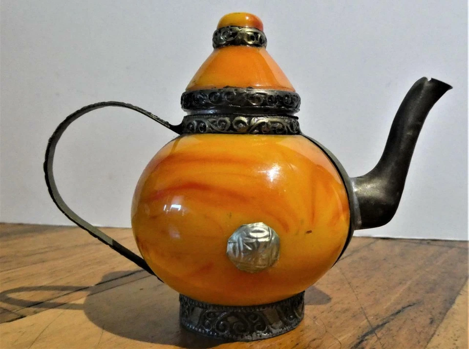 Vintage-Brass & Orange Slag Glass Teapot Lidded Stash-Trinket Box - Image 1 of 4