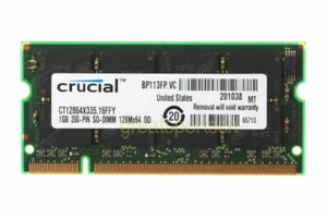Crucial 1GB PC2700 DDR333MHZ 200Pin 2.5V SODIMM Low Density Notebook Memory RAM& - Picture 1 of 6