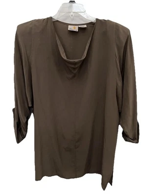 Blusa vintage Liz Claiborne para mujer 100 % seda marrón 3/4 Slvs escote drapeado L Foto 1 de 4