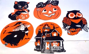 Rare Vintage Halloween 5 Die Cuts Lot Witch Owl Haunted House Cat Pumpkin - Picture 1 of 2