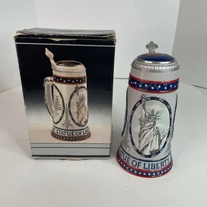 Stroh's Lidded Beer Stein Statue of Liberty Ellis Island 1986 Vintage in box - Picture 1 of 8