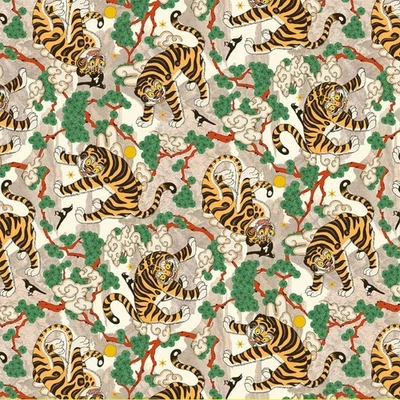 Korean Traditional Magpie & Tiger Beige Patterned Fabric made in Korea  BTHY - Image 1 of 4