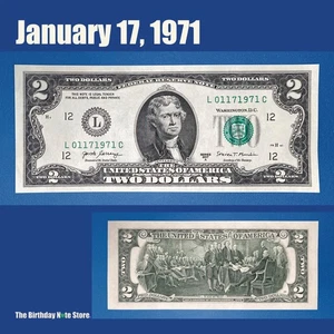 January 17, 1971 Birthday Anniversary $2 Two Dollar Bill Serial Number 01171971 - Picture 1 of 2