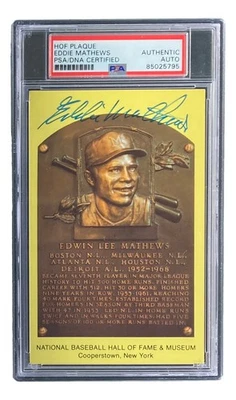 Eddie Mathews Signed 4x6 Milwaukee Braves HOF Plaque Card PSA/DNA 85025795 - Image 1 of 4