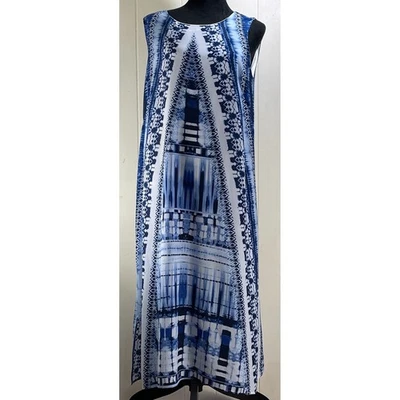 Maxi Vestido Dana Buchman Azul Blanco Estampado Abstracto Sin Mangas - Talla L Foto 1 de 4