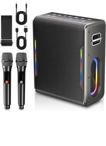 Máquina de Karaoke con Dos Micrófonos Inalámbricos, Potente Portátil Negra - Imagen 1 de 14