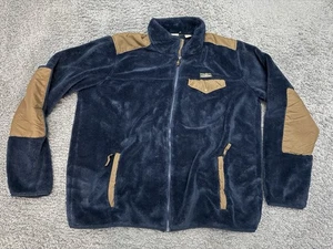 LL Bean Mens Navy Tan Deep Pile Fleece Jacket Full Zip Size XXL Tall Elbow Patch - Picture 1 of 4