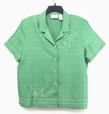 Alfred Dunner Blouse Women Size 18P Green Floral Embroidery Button Up Top - Image 1 of 4