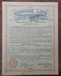 1921 DURHAM LIFE INSURANCE POLICY ..... Vintage Insurance Policy - Picture 1 of 5