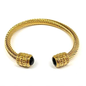 Twist Cuff Gold Colored Titanium Steel Treasure Bracelet Stackable Black Stones - Picture 1 of 4