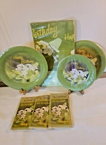 NOS Vintage Reed Avocado Green Birthday Party Supplies Invite Plates Tablecloth - Picture 1 of 12