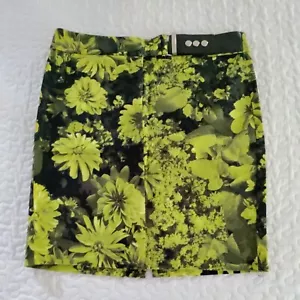 Michael Kors Skirt Womens 12 Neon Green Black Floral Straight Pencil Faux Belt - Picture 1 of 10