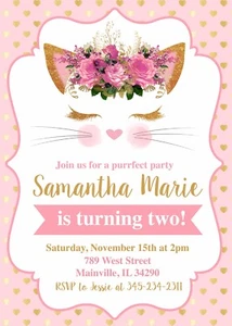 Katze, Kätzchen, Kätzchen, rosa, gold, Geburtstag Party Einladung, Einladung - Bild 1 von 1