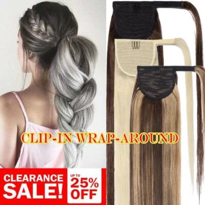 LIQUIDACIÓN Extensiones de Cabello Cola de Caballo 100% Remy Clip de Cabello Humano Envoltura Garra de Mandíbula EE. UU. Foto 1 de 4