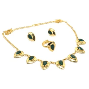 Green Onyx Choker Necklace Earrings Gold Plated Sparkling Jewelry Set 18" s892 - Picture 1 of 4