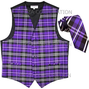 New formal Men's plaid Tuxedo Vest_2.5" Skinny Slim Necktie Purple wedding prom - Picture 1 of 4