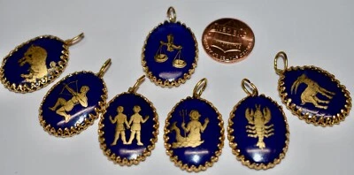 VINTAGE COBALT BLUE W GOLD ZODIAC SIGN OVAL PENDANT • TAURUS  25 X 18mm lace - Image 1 of 3