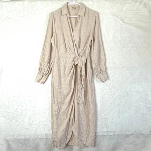 Magaschoni Leinen Wickelkragen Küste Langarm Shirt Maxikleid 10 beige hellbraun - Bild 1 von 10