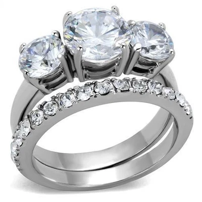 Stainless Steel Engagement Rings Set for Women Round Cut CZ Wedding Ring 3 Stone - Image 1 of 4