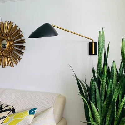 West Elm Mid Century Curvilinear Long Wall Scone Light Antique Brass Satin Black - Image 1 of 4