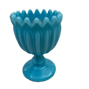 Antico vaso piedistallo vetro blu francese Portieux Vallerysthal punto costola - Foto 1 di 8