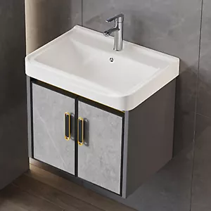 Wall Mounted Bathroom Vanity Cabinet Ceramic Sink Combo Drain 2 Drawers - Picture 1 of 8