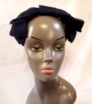 VTG Navy Blue Organdy Party Crown Hat Bow Celluloid Headband 1950s Lady Church - Image 1 of 4