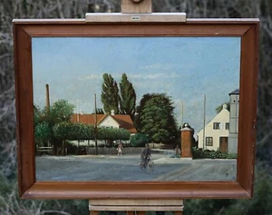 Street Scene Of The Danish Town With Cyclist, Oil Painting Signed Monogram 1950 - Bild 1 von 7