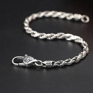 Real S925 Sterling Silver Chain 4mm Twist Rope Link Bracelet 14-15g 7.9inch - Picture 1 of 7