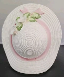 Vintage Ceramic White Hat With Pink Ribbon /Flowers Wall Pocket Vase - Picture 1 of 6