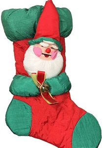 VTG  Nylon Puffy Santa Claus Christmas Stocking 18” Green Red Bell Bow D1 - Picture 1 of 4