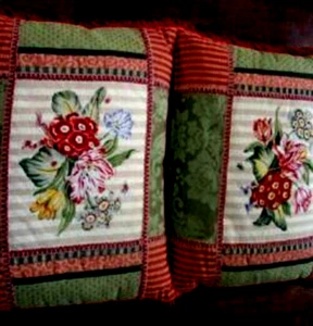 French 18th C Pattern Botanical Insect Needlepoint FEATHER Pillow HUGE Pair MCM - Picture 1 of 9
