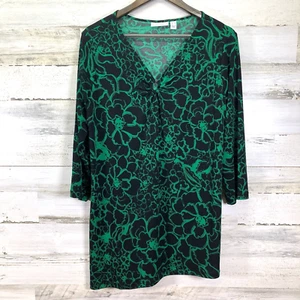 Camisa Susan Graver Mujer Negra/Verde Floral Elastizada Asimétrica Cuello en V 3/4 Slv M - Imagen 1 de 6