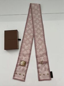 LOUIS VUITTON Vintage New Denim Pink Twilly Silk Scarf Good Condition MONOGRAM