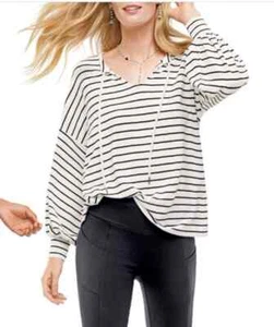 Cabi Womens Black White Striped Oversized Relax Game Day Tie Neck Sweatshirt S - Picture 1 of 11