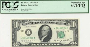 1963A $10 Federal Reserve Note FR#2017-J PCGS Superb 67 PPQ - Picture 1 of 2